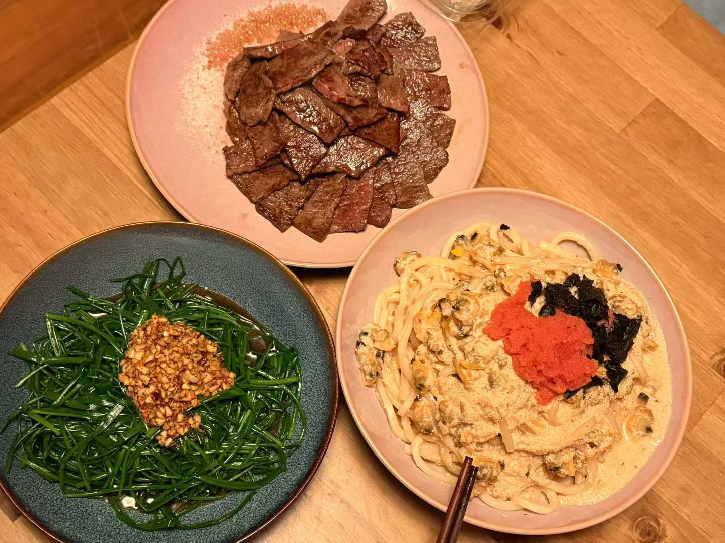 Steak, Garlic Chive, and Creamy Seafood Udon